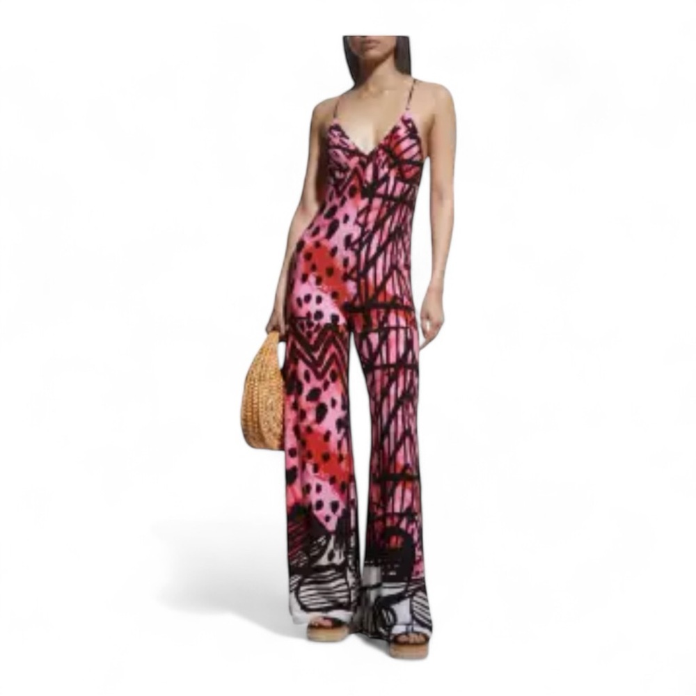 Mara Hoffman Pink Red Abstract Graphic Print V-Neck Wide Leg Jumpsuit NWT